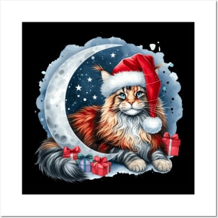 Maine Coon Cat On The Moon Christmas Posters and Art